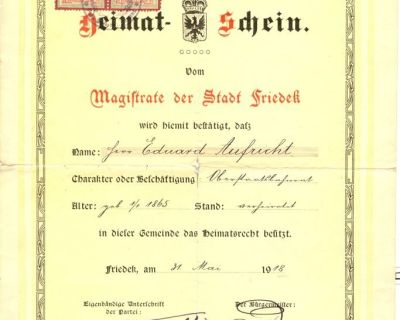Domovský list pro MUDr. Eduarda Aufrichta, 31. 5. 1918. Státní okresní archiv Frýdek-Místek.