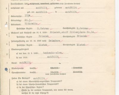 Ukázky evidenčních archů židovských obyvatel Frýdku-Místku z období Protektorátu. Sbírka manželů Pol